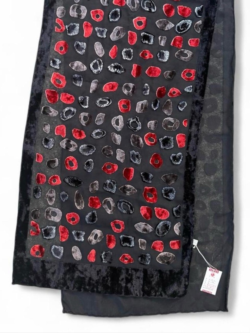 Burnout velvet scarf in black red & gray w/abstract spots dark academia artsy OS